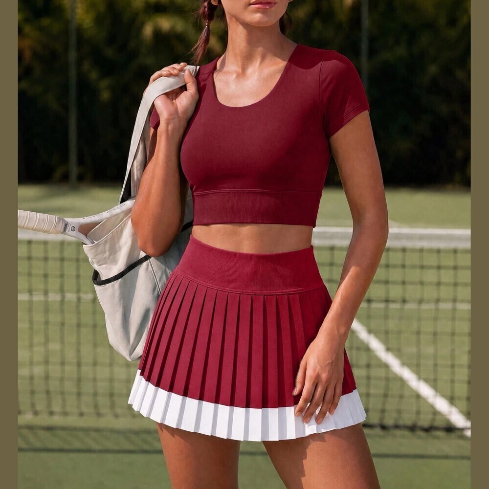 Burgundy Colorblock Pleated Contrast Hem Tennis Skort with Skirt Overlay